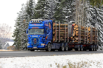 Image showing Blue Super Scania R620 Timber Transport in Winter 