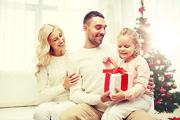 Image showing happy family at home with christmas gift box