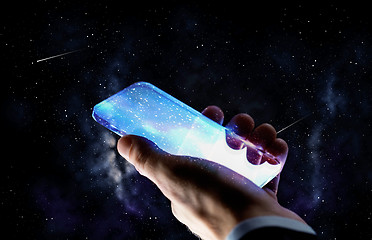 Image showing close up of hand with glass smartphone over space