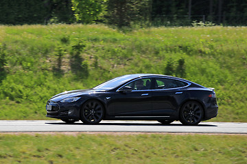 Image showing Black Tesla Model S Electric Car at Speed