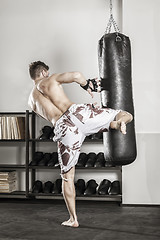 Image showing a young man at the punch bag