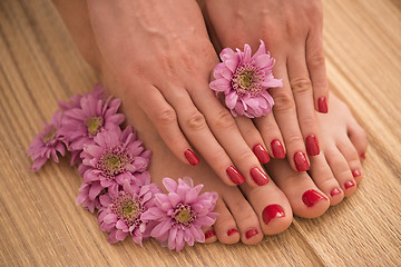 Image showing female feet and hands at spa salon