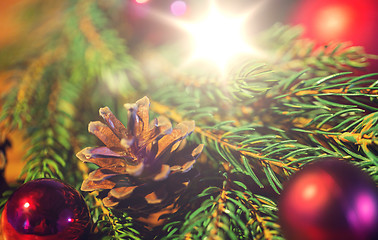 Image showing fir branch with christmas ball and pinecones
