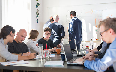 Image showing Relaxed informal IT business startup company team meeting.