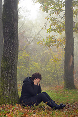 Image showing woman in depression in forest