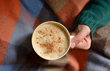 Image showing Girl with cup of cappuccino coffee 