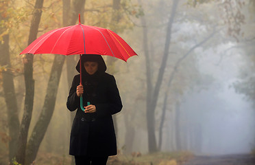 Image showing Woman and foggy forest