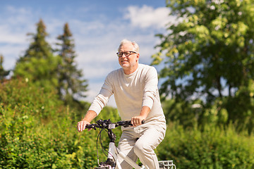 Image showing happy senior man riding bicycle at summer park