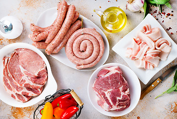 Image showing raw meat and sausages