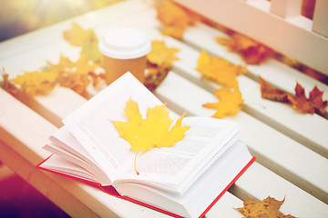 Image showing open book and coffee cup on bench in autumn park