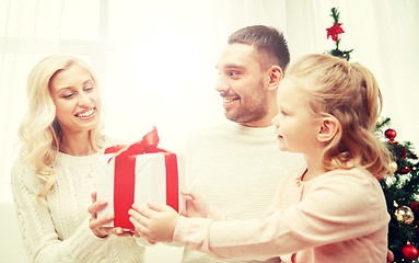 Image showing happy family at home with christmas gift box