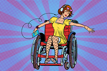 Image showing Modern joyful teen girl disabled in a wheelchair, listening to m