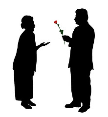 Image showing Senior man giving red rose to woman or wife