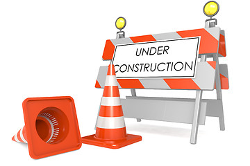 Image showing Under construction sign with traffic cones