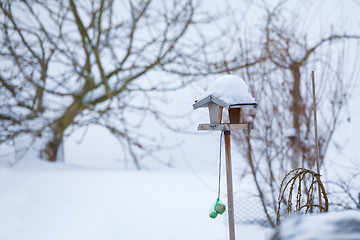 Image showing simple birdhouse in winter garden