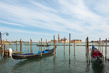 Image showing Gondolas moored in Venice, Italy