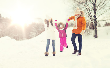 Image showing happy family in winter clothes walking outdoors