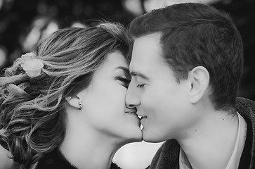 Image showing Monochrome Portrait Of Kissing Couple