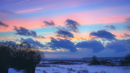 Image showing Night Winter Landscape With Pink Clouds At Sunset