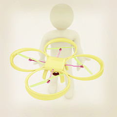 Image showing 3d man with drone, quadrocopter, with photo camera. 3d render. 3