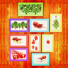 Image showing Mock up picture frames on wood wall. 3d illustration. Vintage st