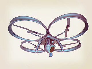 Image showing Drone, quadrocopter, with photo camera flying. 3d render. Vintag