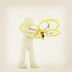 Image showing 3d man with drone, quadrocopter, with photo camera. 3d render. 3