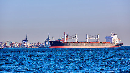 Image showing Blue Tanker Ship Passing in Bosphorus Strait