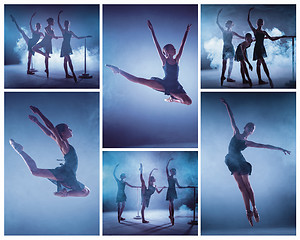 Image showing The collage from images of young ballerinas stretching on the bar
