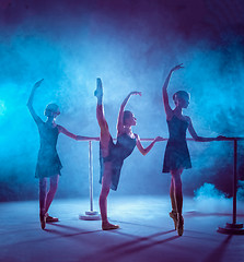 Image showing The young ballerinas stretching on the bar