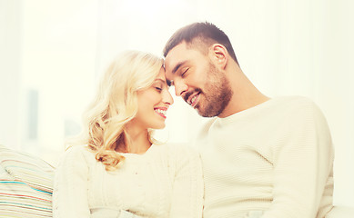 Image showing happy couple covered with plaid on sofa at home