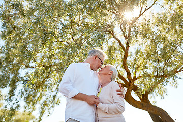 Image showing happy senior couple kissing at summer park