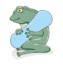 Image showing Frog with blue snowboard ready for downhill skiing.
