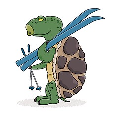 Image showing Turtle with blue skis ready for skiing.