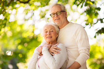 Image showing happy senior couple hugging at summer park