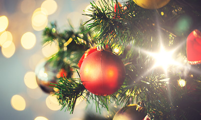 Image showing close up of christmas tree decorated with balls