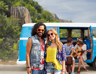 Image showing happy hippie couples and minivan on island