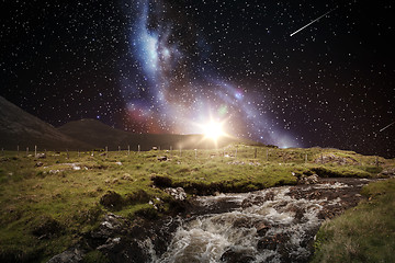 Image showing landscape over space and galaxy in night sky