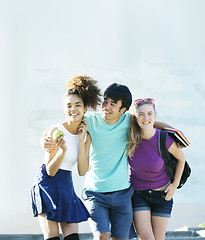 Image showing cute group of teenages at the building of university with books huggings, back to school