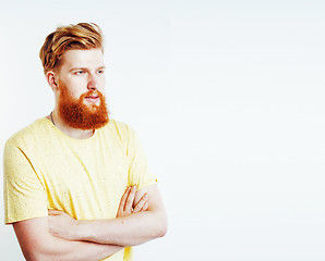 Image showing portrait of young bearded hipster guy smiling on white backgroun