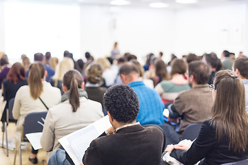 Image showing Woman giving presentation on business conference.