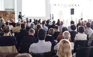 Image showing Business speaker giving a talk at business conference event.