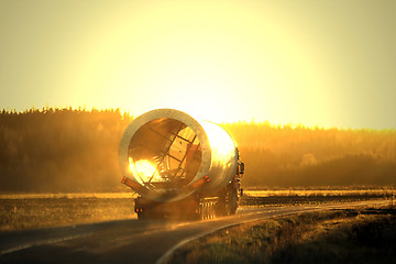 Image showing Oversize Load Transport in Sunset Fog