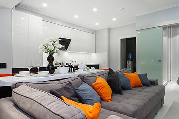 Image showing Modern white living studio with bedroom doors open