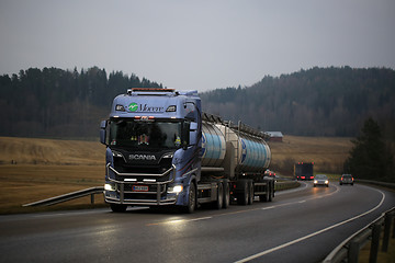 Image showing Scania Tank Truck Hauls AdBlue at Dusk