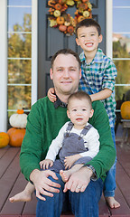 Image showing Young Mixed Race Chinese and Caucasian Father with His Sons