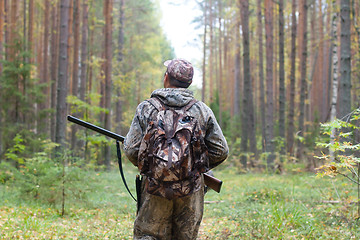 Image showing hunter with shotgun walking in the forest