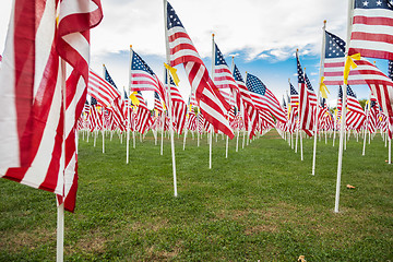 Image showing Field of Veterans Day American Flags Waving in the Breeze.