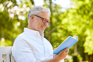Image showing happy senior man reading book at summer park