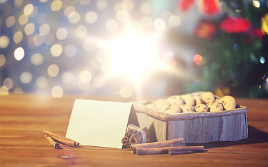 Image showing close up of christmas oat cookies on wooden table